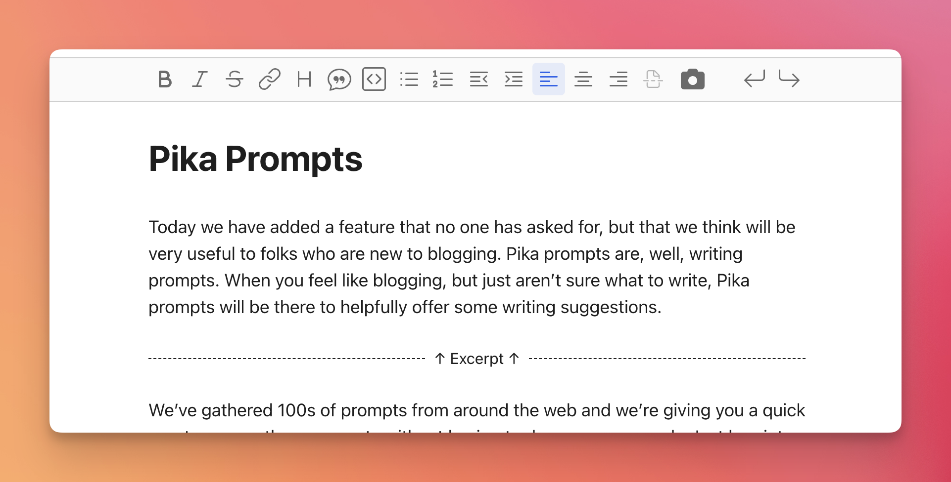 Pika blog post with an excerpt indicated within the editor by a dashed line between the excerpted text and the rest of the blog post